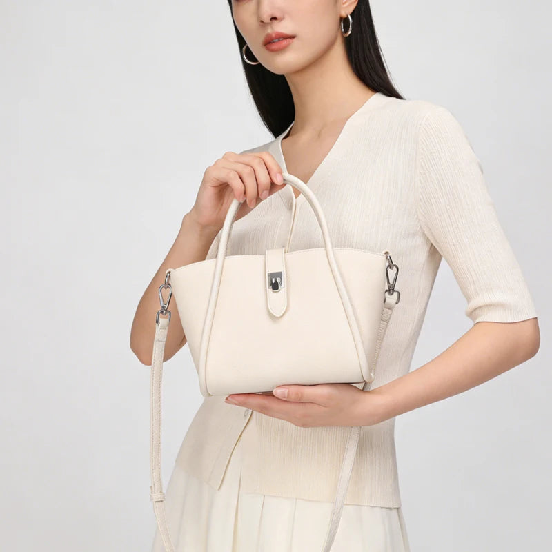 Genuine Leather Mini Tote Bag for Women – Cowhide Shoulder Handbag with Lock Closure
