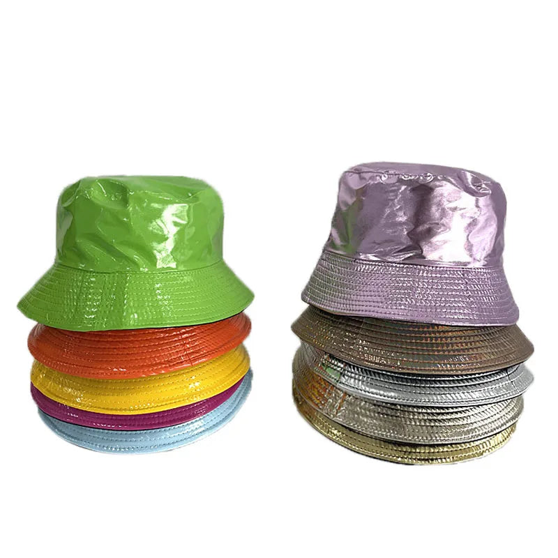 Shiny PU Leather Bucket Hat – Unisex Waterproof Cap