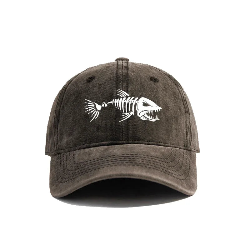 Fishbone Skeleton Baseball Cap – Distressed Dad Hat for Fishing