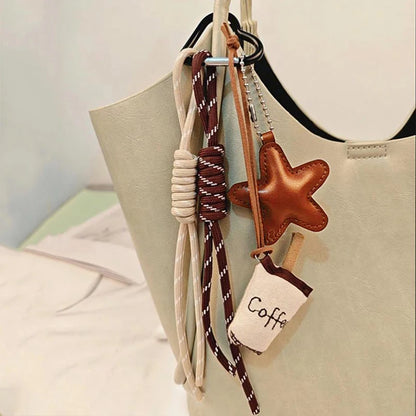 Kawaii Coffee Keychain Bag Charm with Embroidery Linen Pendant