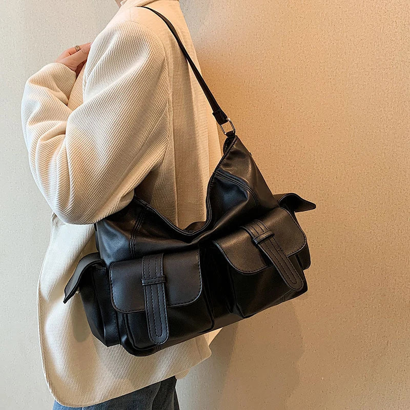 Black Large Capacity Hobo Shoulder Bag – Soft PU Leather Tote