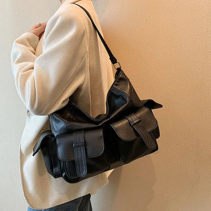Black Large Capacity Hobo Shoulder Bag – Soft PU Leather Tote