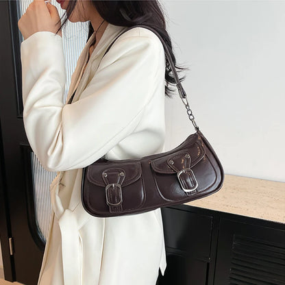 Women's Retro Leather Shoulder Bag with Buckle Detail