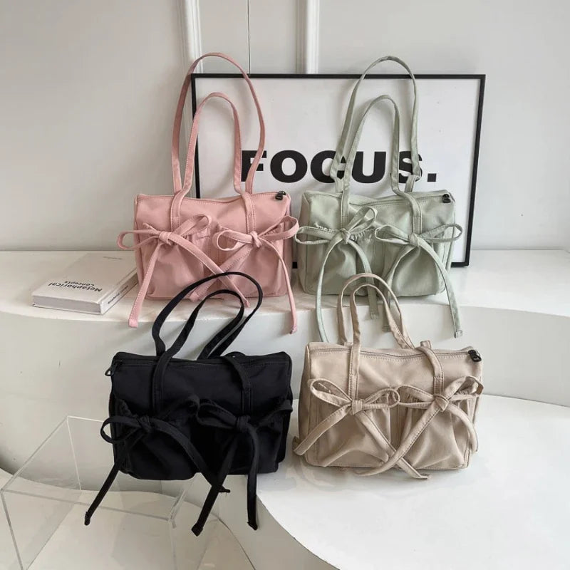 Bow Nylon Tote Bag for Women – Korean Style Shoulder Bag