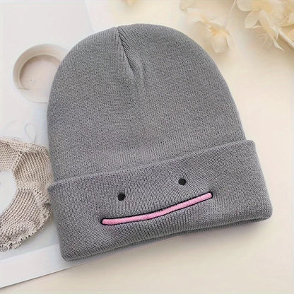Embroidered Smile Knit Beanie – Stretchy Winter Hat