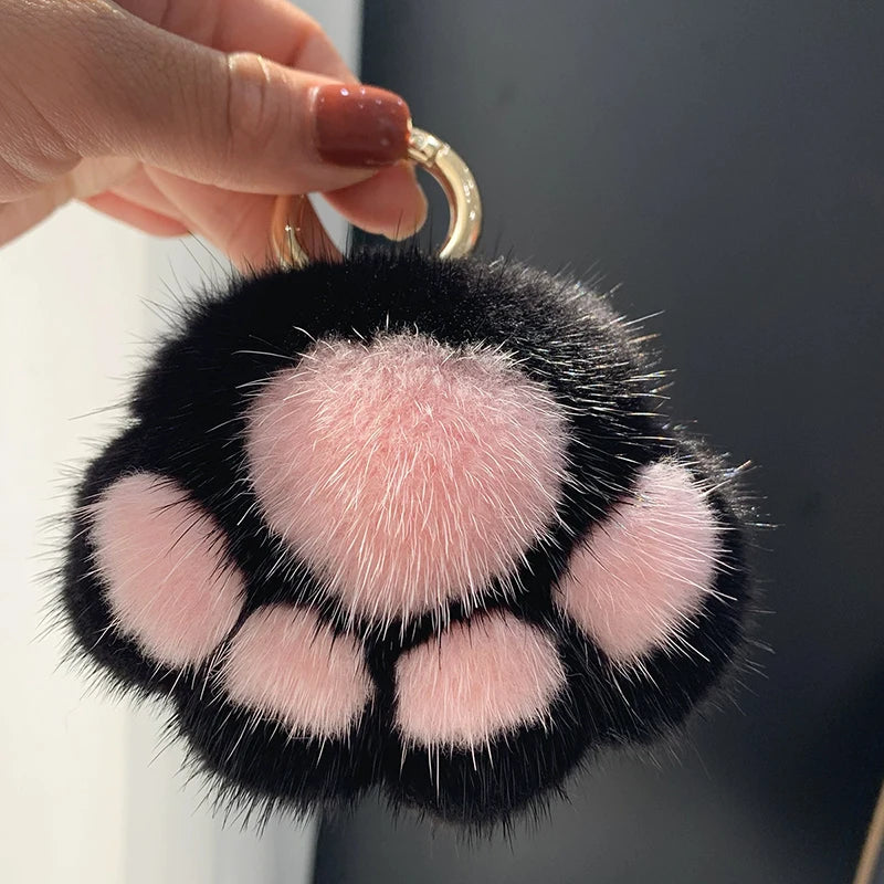 Fluffy Cat Paw Keychain – Cute Faux Fur Plush Key Ring