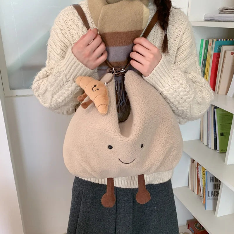 Cute Plush Shoulder Bag Women Large Capacity Furry Tote Handle Comfortable Versatile Texture