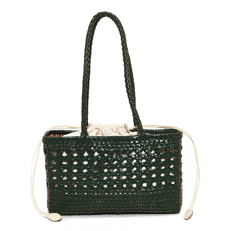 Handmade Woven Leather Tote Bag – Hollow Drawstring Shoulder Bag