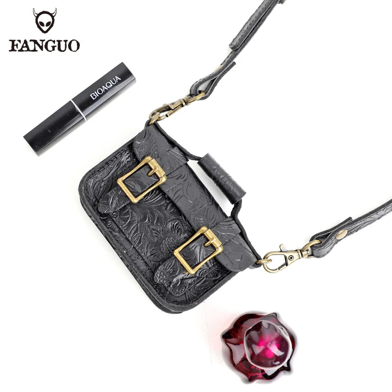 Genuine Leather Mini Crossbody Bag – Floral Embossed Satchel for Women