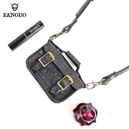 Genuine Leather Mini Crossbody Bag – Floral Embossed Satchel for Women
