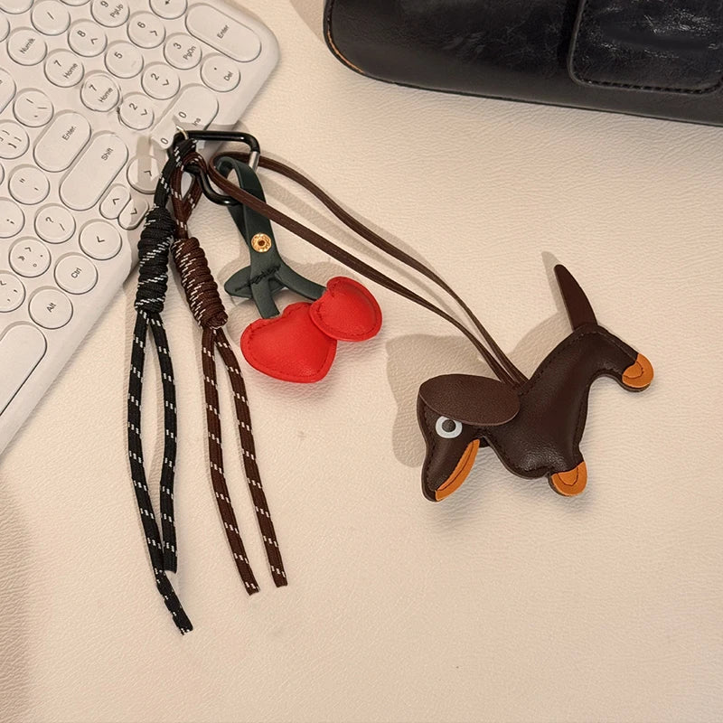Cute Leather Dachshund Bag Charm Keychain with Cherry & Tassel