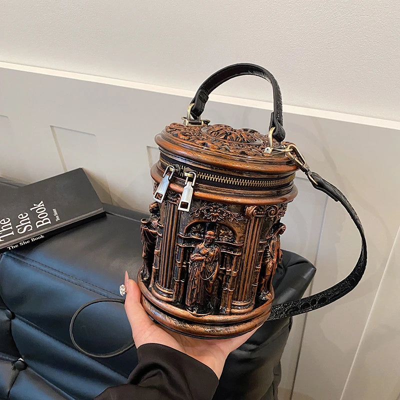 3D Embossed Baroque Bucket Bag – Sculptural Cylinder Handbag