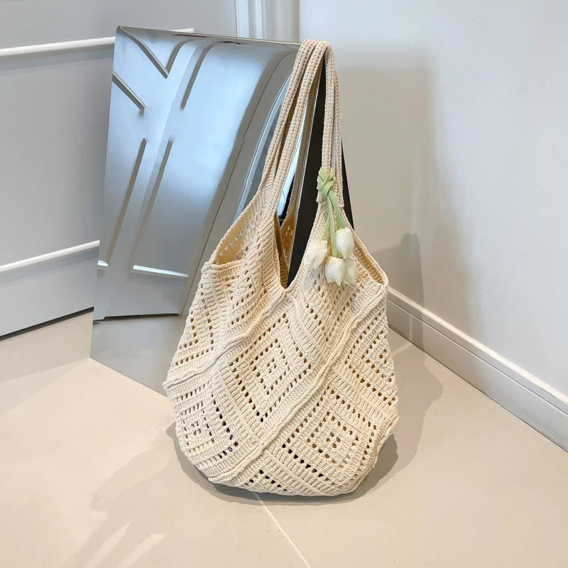 Large Crochet Knit Tote Bag – Vintage Cotton Shoulder Shopper