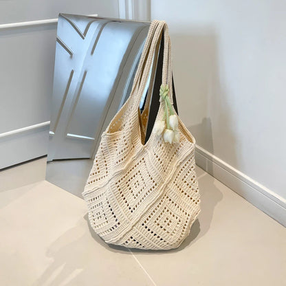 Large Crochet Knit Tote Bag – Vintage Cotton Shoulder Shopper