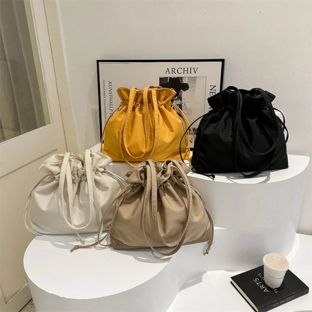 Large Nylon Bucket Bag Women's Casual Drawstring Shoulder Handbag