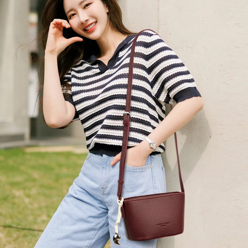 Women's Small PU Leather Crossbody Bucket Bag with Adjustable Strap