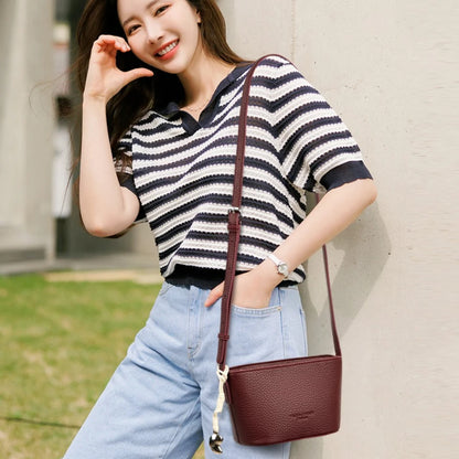 Women's Small PU Leather Crossbody Bucket Bag with Adjustable Strap