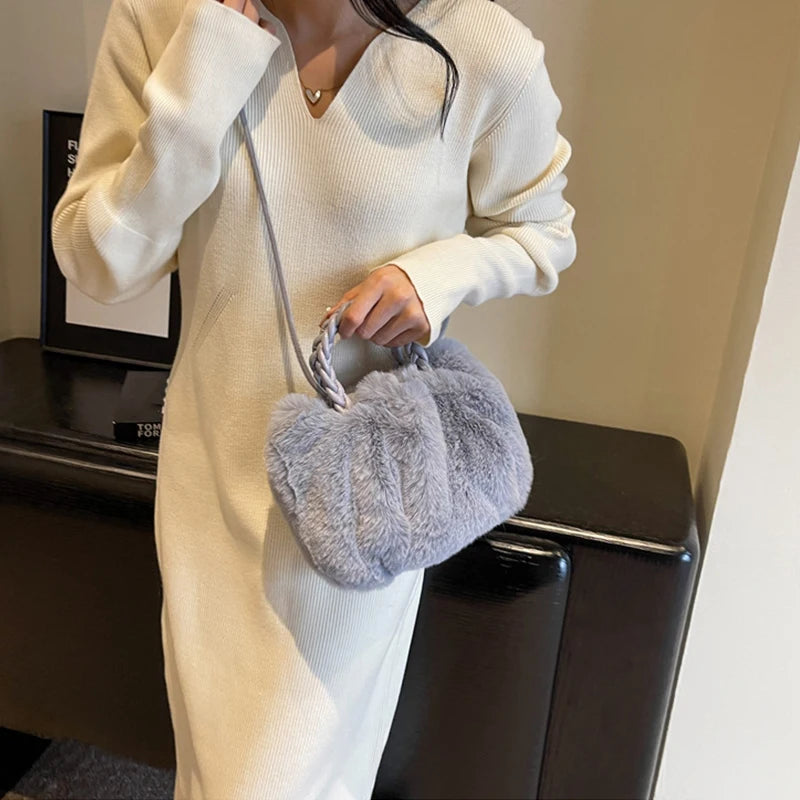 Women's Fluffy Plush Handbag – Soft Cloud Drawstring Shoulder Bag