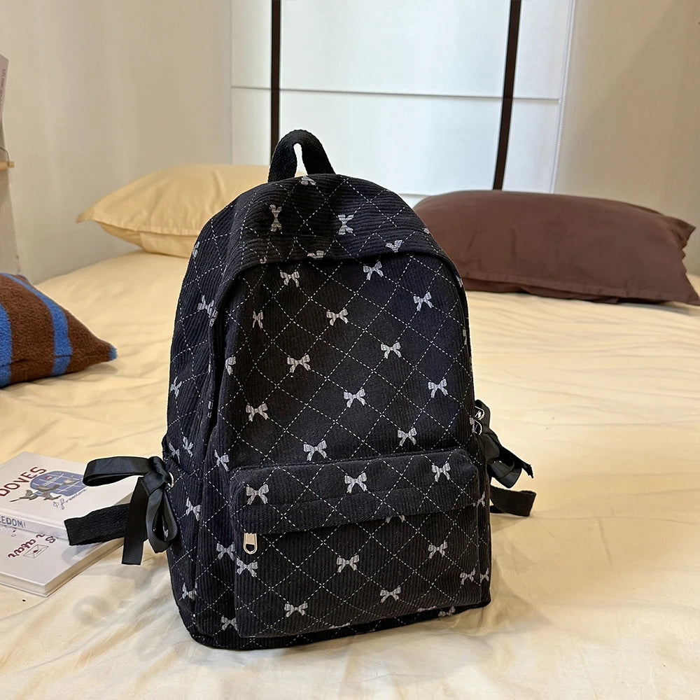 Corduroy Bow Backpack – Cute School Bag for Girls & College Students