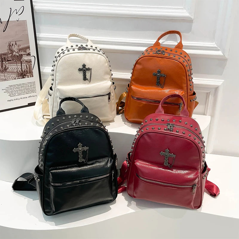 Rivet Cross Leather Backpack Large Capacity Commuter Bag