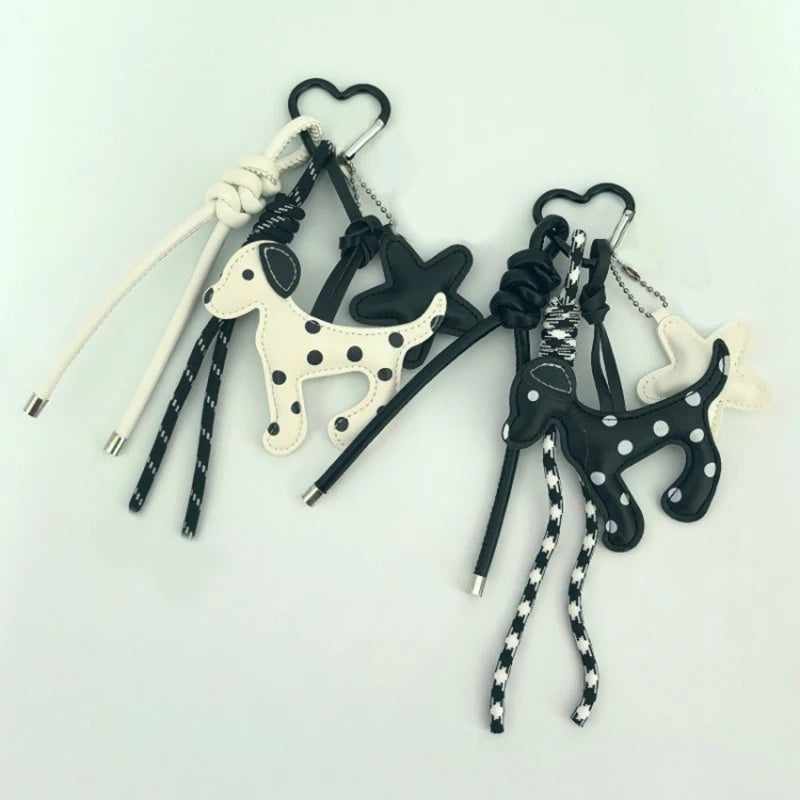 Dalmatian Leather Keychain Bag Charm with Braided Rope Tassel