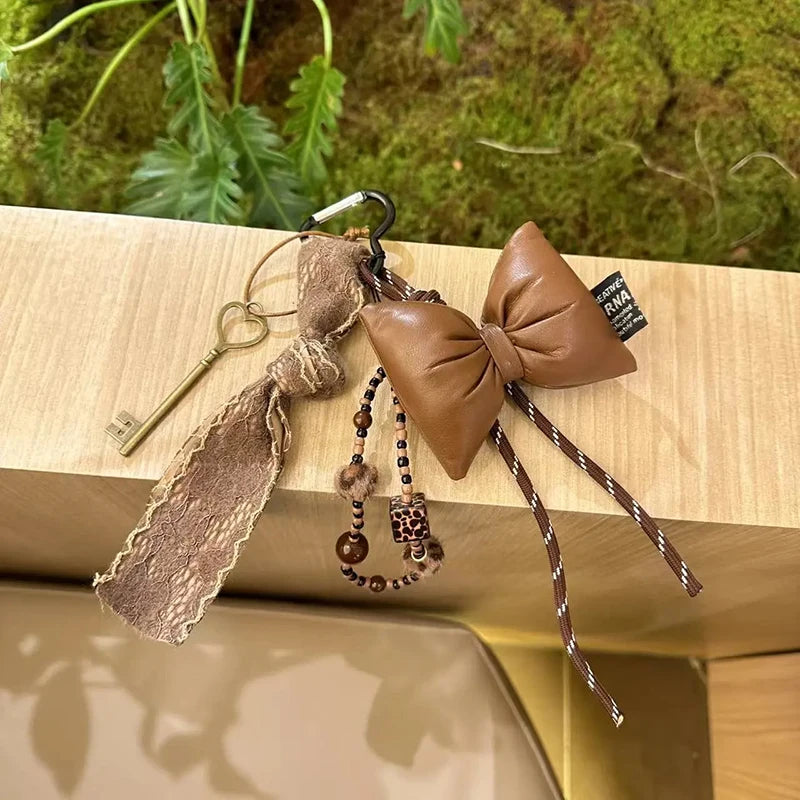 Leather Bow Keychain with Lace Ribbon, Beads & Vintage Key Charm