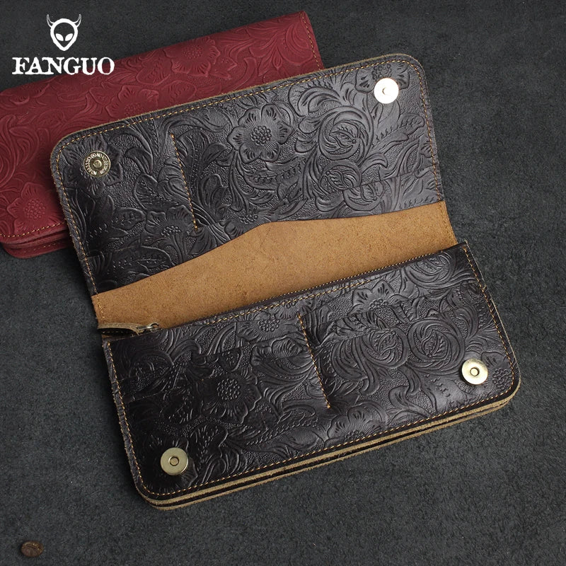 Genuine Leather Long Wallet – Floral Embossed Bifold for Men & Women