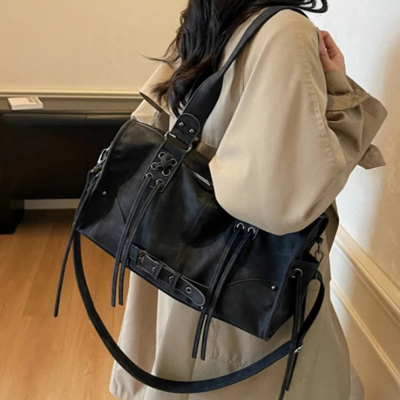 Retro Motorcycle Shoulder Bag for Women – Tassel Tote