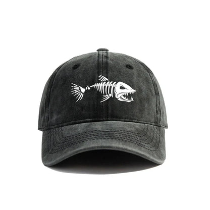 Fishbone Skeleton Baseball Cap – Distressed Dad Hat for Fishing