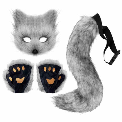 Fluffy Fox Tail & Wolf Mask Cosplay Set – 3pcs Halloween Costume