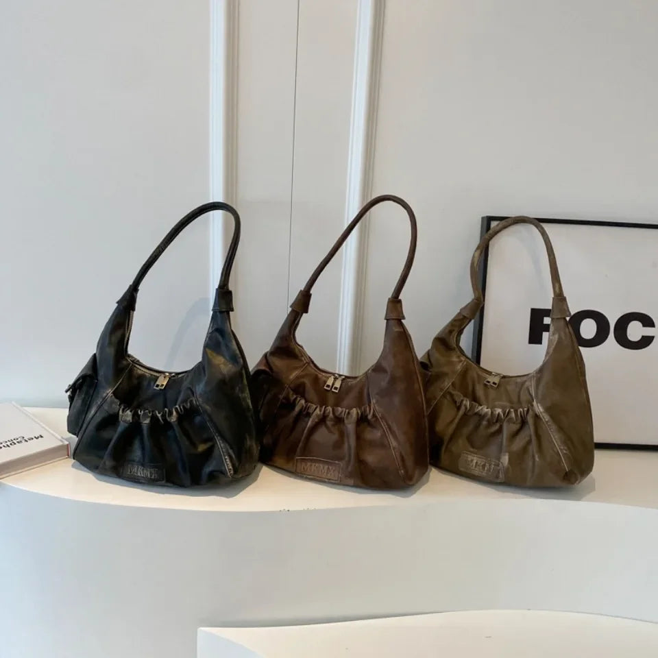 Pleated Hobo Shoulder Bag for Women – Large Capacity Retro Handbag