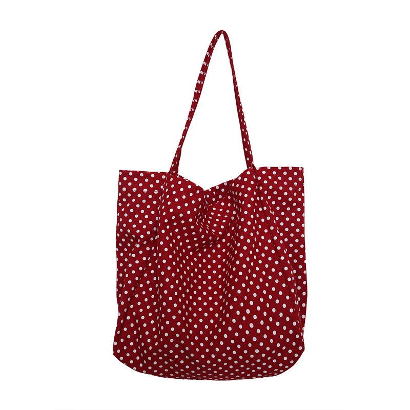 Polka Dot Canvas Tote Bag – Retro Large Capacity Shoulder Bag
