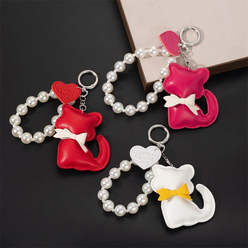 Cute Cat Leather Keychain with Pearl Bracelet & Bow