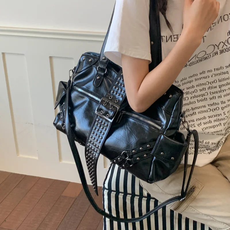 Punk Rivet Shoulder Bag – Y2K Retro Multi-Pocket Underarm Handbag