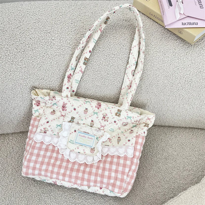Kawaii Quilted Canvas Tote Bag – Lace Plaid Shoulder Handbag