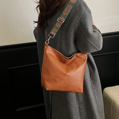 PU Leather Crossbody Bag with Wide Boho Strap + Wristlet Pouch