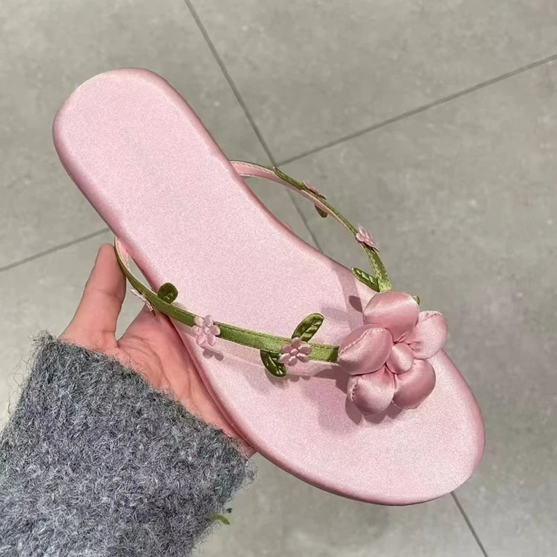 Floral Flat Sandals for Women – Satin Flower Flip-Flops