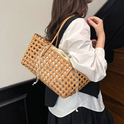 Hollow-Out Woven Basket Tote Bag – Boho Beach Handbag