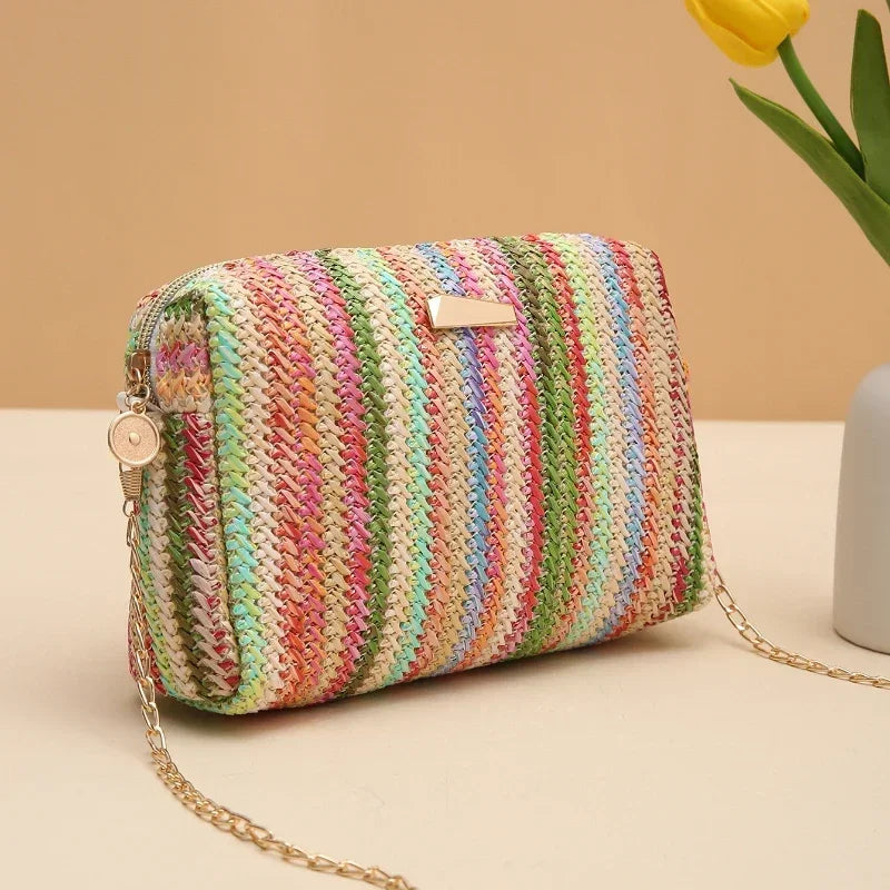 Straw Woven Crossbody Bag Women Summer Beach Chain Shoulder Purse