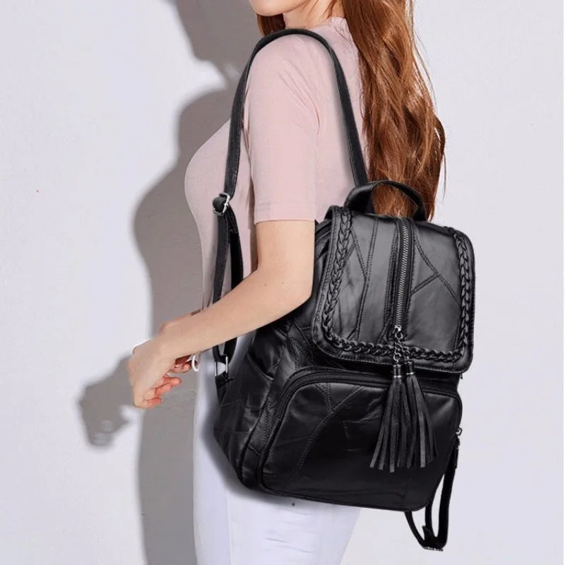 Women's PU Leather Backpack – Waterproof Tassel Travel Shoulder Bag