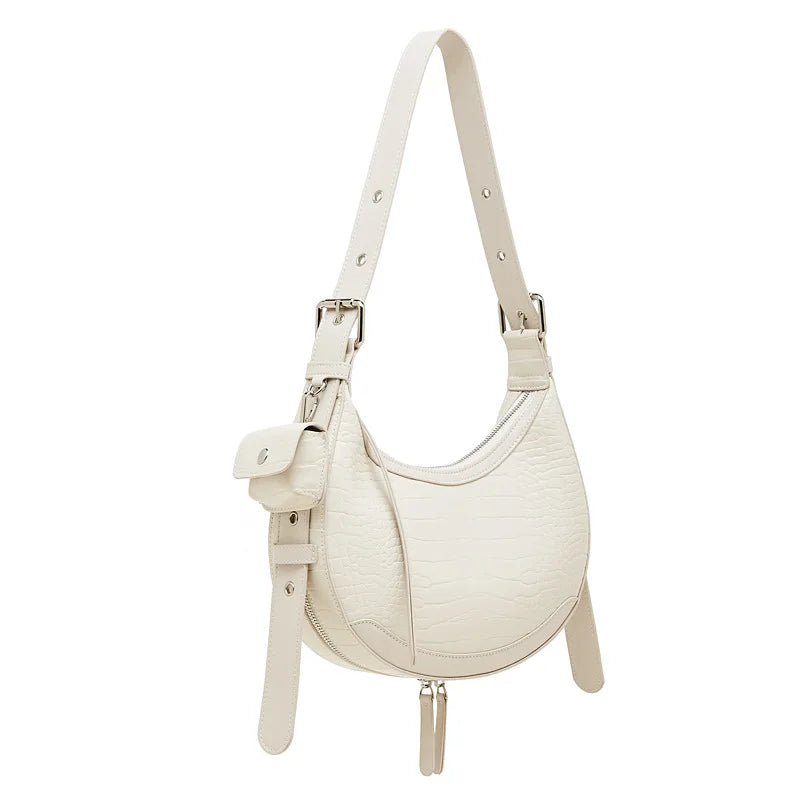 Vintage Crocodile Pattern Shoulder Bag - Half Moon Leather Crossbody for Women