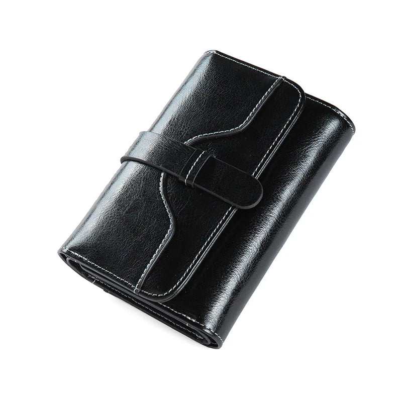 Genuine Leather Women's Tri-Fold Wallet – Oil Wax Snap