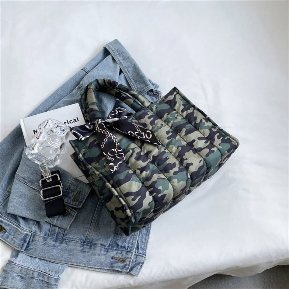 Quilted Women's Tote Bag with Silk Scarf Accent & Crossbody Strap