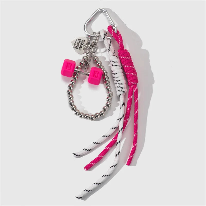 Dumbbell Keychain with Braided Rope & Silver Bead Chain