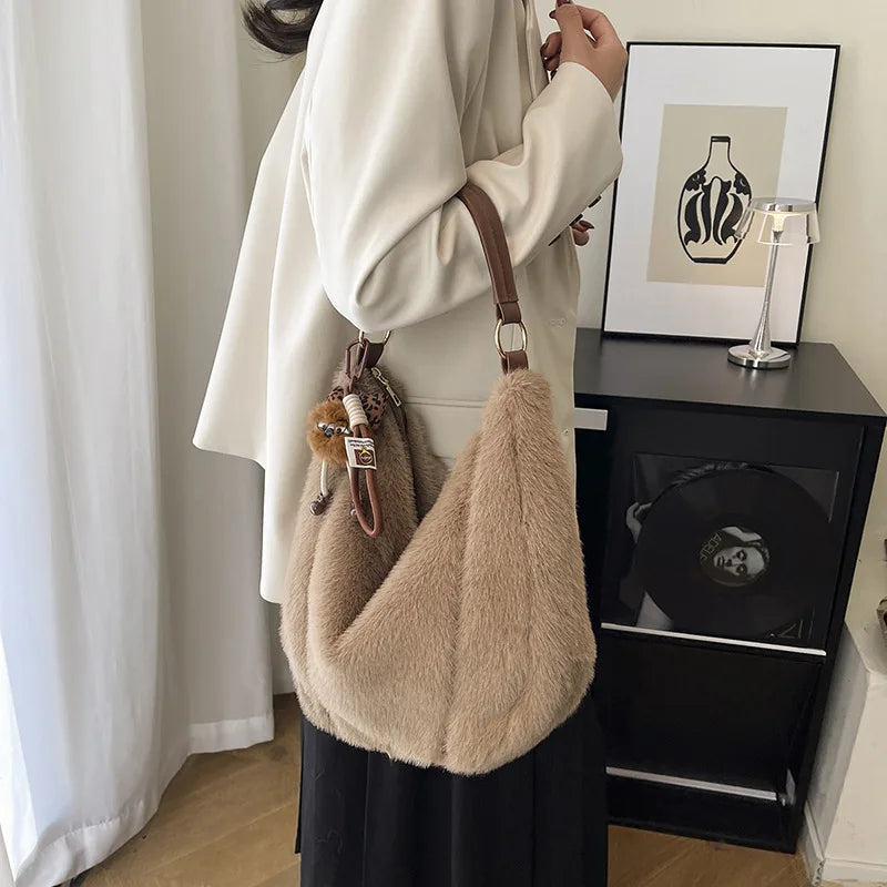 Winter Shoulder Bag Large Capacity Commuting Tote Handle Women Plush Fur Comfortable Versatile