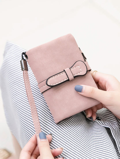 Women's Short Wallet – Minimalist Bifold Card Holder with ID Window & Wristlet
