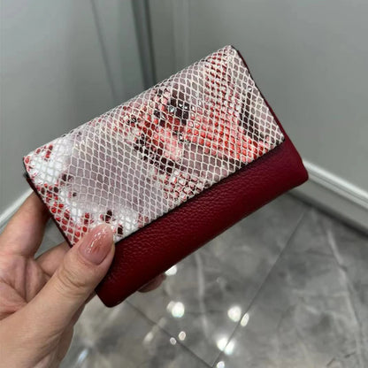 Snake Pattern Genuine Cowhide Leather Trifold Wallet for Women
