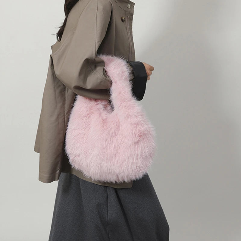 Faux Fur Top Handle Bag for Women – Fluffy Wrist Knot Mini Tote