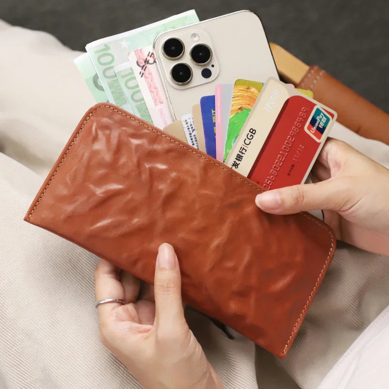Genuine Leather Long Wallet – Retro Snap Closure Phone & Card Organizer
