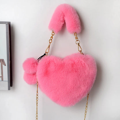 Fluffy Heart Shaped Fur Bag – Cute Plush Shoulder Bag with Chain Strap